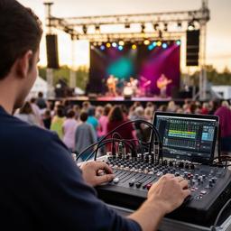 登米市音楽祭の屋外ステージで音響卓を操作するスタッフ