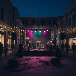 地元商店街の夜のイベントで照明と音響を整えるステージ