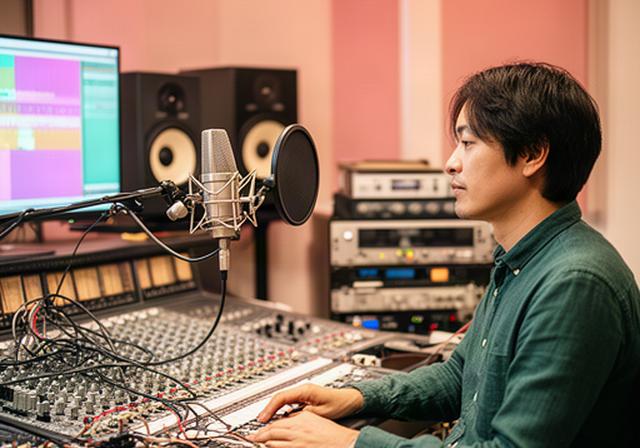 登米市のレコーディングスタジオでコンソールとマイクを確認する音響エンジニア