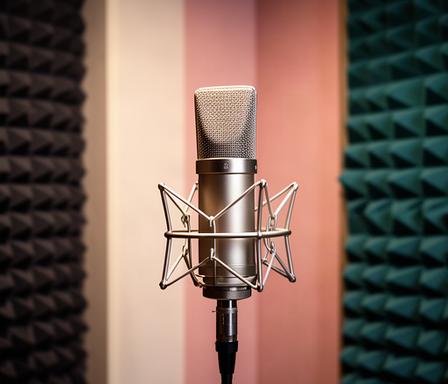 録音ブースに設置されたコンデンサーマイクと防音パネル