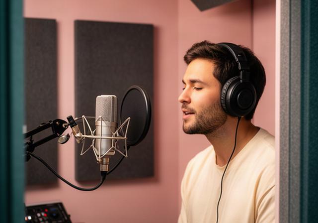 防音ナレーションブースでマイクに向かって収録する音声制作者